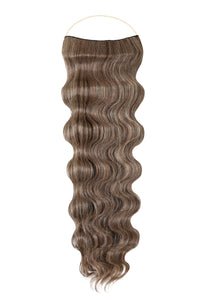 Close-up of wavy Syn Halo hair extensions showcasing natural-looking, lightweight, durable synthetic Kanekalon fibers designed for easy 30-second installation and versatile styling.