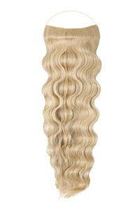 Close-up of premium wavy Syn Halo hair extensions made from lightweight Kanekalon with seamless natural look and hidden wire design