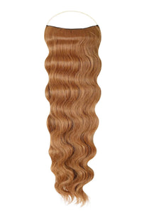Wavy Syn Halo hair extensions showcasing natural, lightweight, and durable Kanekalon synthetic wavy strands with hidden wire and removable clips for easy, versatile styling
