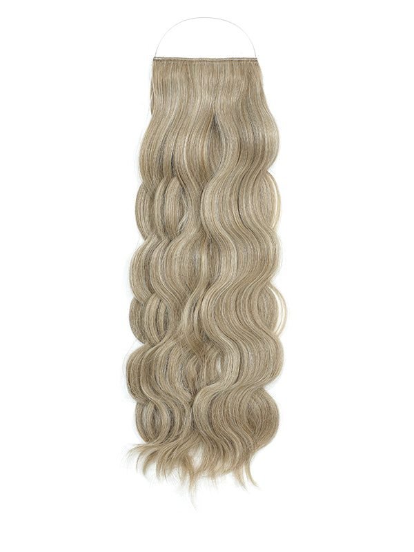 Wavy Syn Halo Hair Extensions showing natural, lightweight, and durable synthetic Kanekalon hair with a hidden wire and removable clips for easy styling