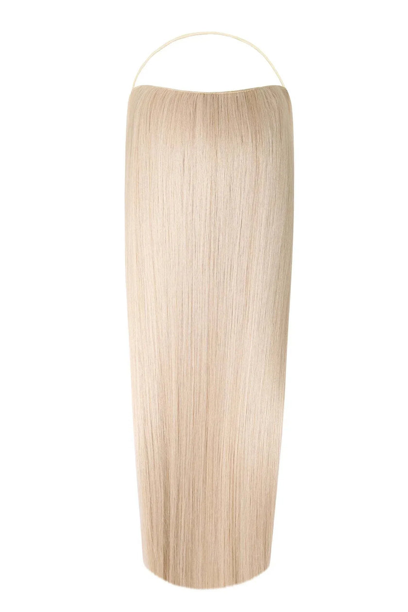 Close-up of straight Syn Halo hair extensions made from premium Kanekalon synthetic fiber with hidden wire design and removable clips