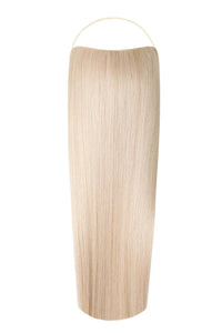 Close-up of straight Syn Halo hair extensions made from premium Kanekalon synthetic fiber with hidden wire design and removable clips