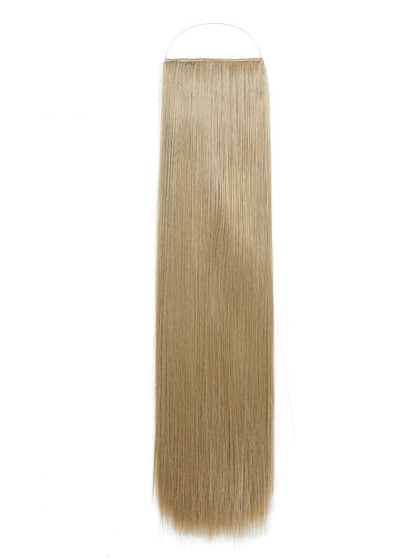 Close-up of straight syn halo hair extensions showing natural, lightweight, and durable synthetic hair blend