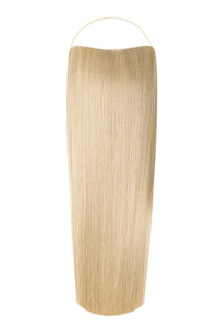 Close-up of straight Syn Halo hair extensions made from premium Kanekalon fibers, showcasing natural look and seamless blend with real hair