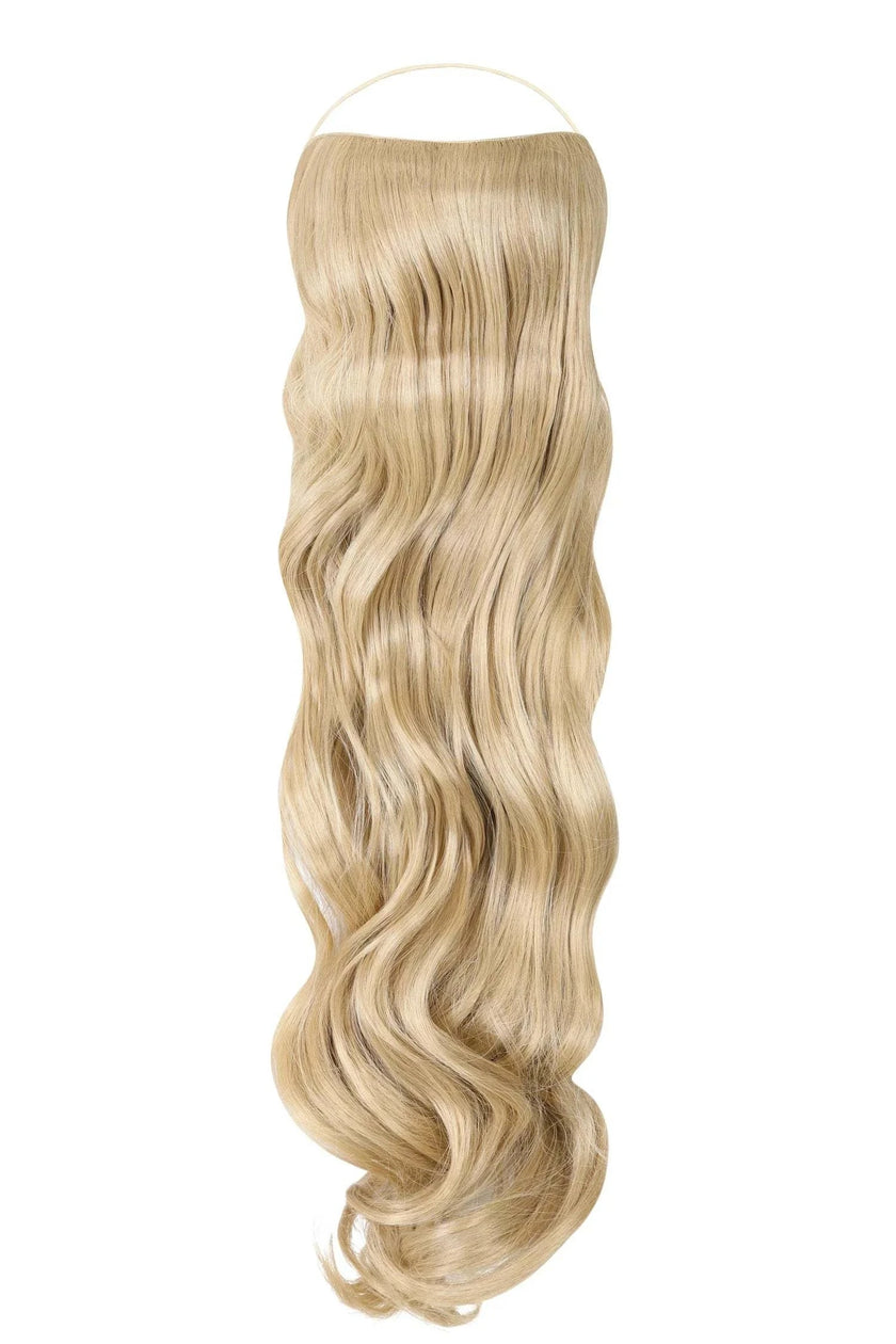 Curly Syn Halo Hair Extensions made from premium Kanekalon for natural, voluminous curls with lightweight, durable, and heat-friendly design
