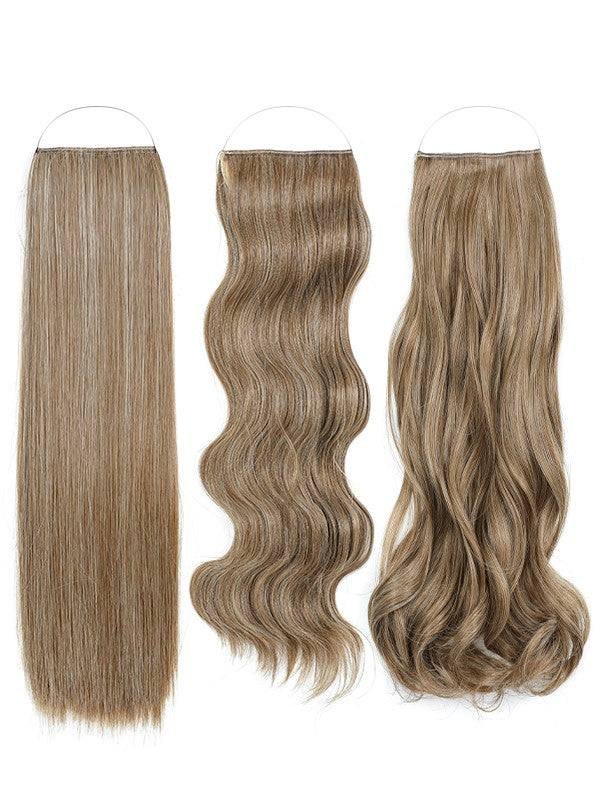 Syn Halo Hair Extensions Trio pack with straight, wavy, and curly styles made from Kanekalon fibers