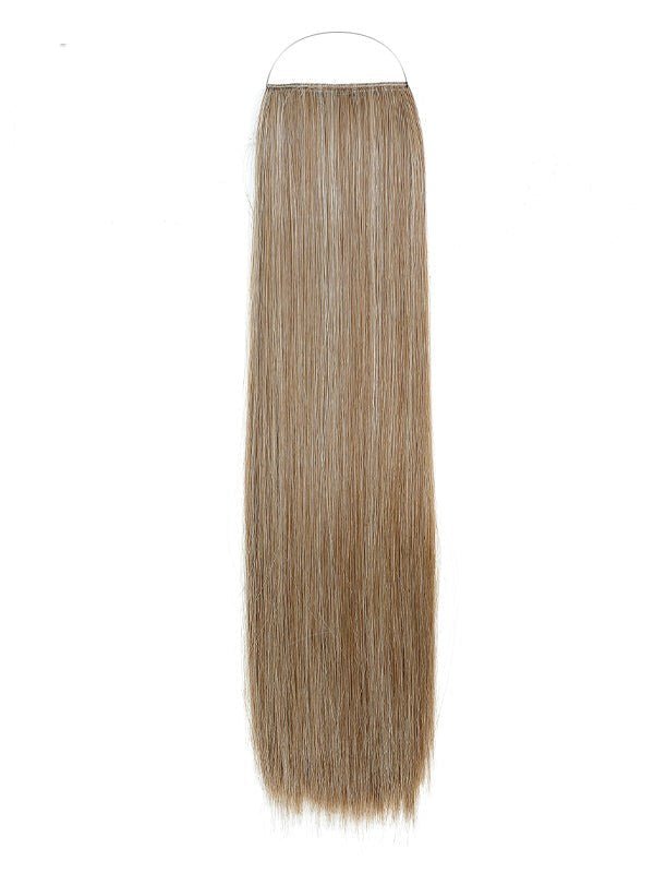 Woman with long, straight synthetic Kanekalon straight Syn halo hair extensions showing natural, lightweight hair enhancement