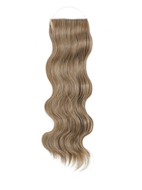 Close-up of wavy Syn Halo hair extensions showcasing natural look and lightweight design