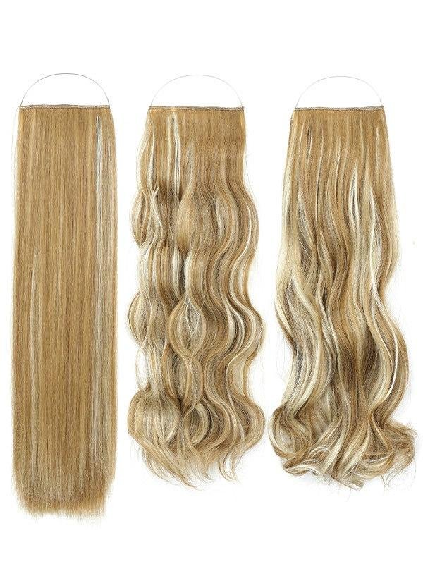 Syn Halo Hair Extensions Trio pack featuring sleek straight, beach wave, and bouncy curl styles made from premium Kanekalon fibers.