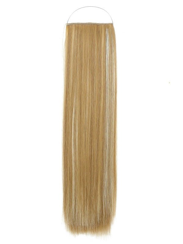 Close-up of straight Syn Halo hair extensions made from premium Kanekalon synthetic fiber, showcasing natural shine and seamless blend