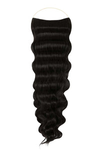Wavy Syn Halo Hair Extensions in natural blend, lightweight, durable, and easy to install with hidden wire and removable clips