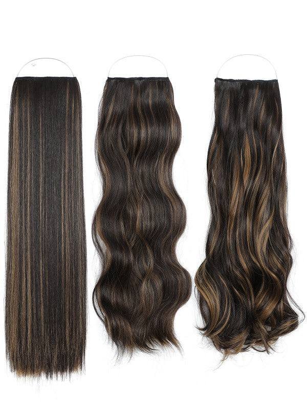 Syn Halo Hair Extensions trio pack with straight, wavy, and curly styles in premium Kanekalon fibers