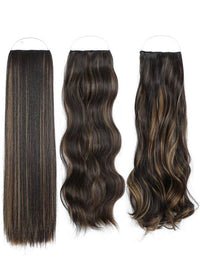 Syn Halo Hair Extensions trio pack with straight, wavy, and curly styles in premium Kanekalon fibers