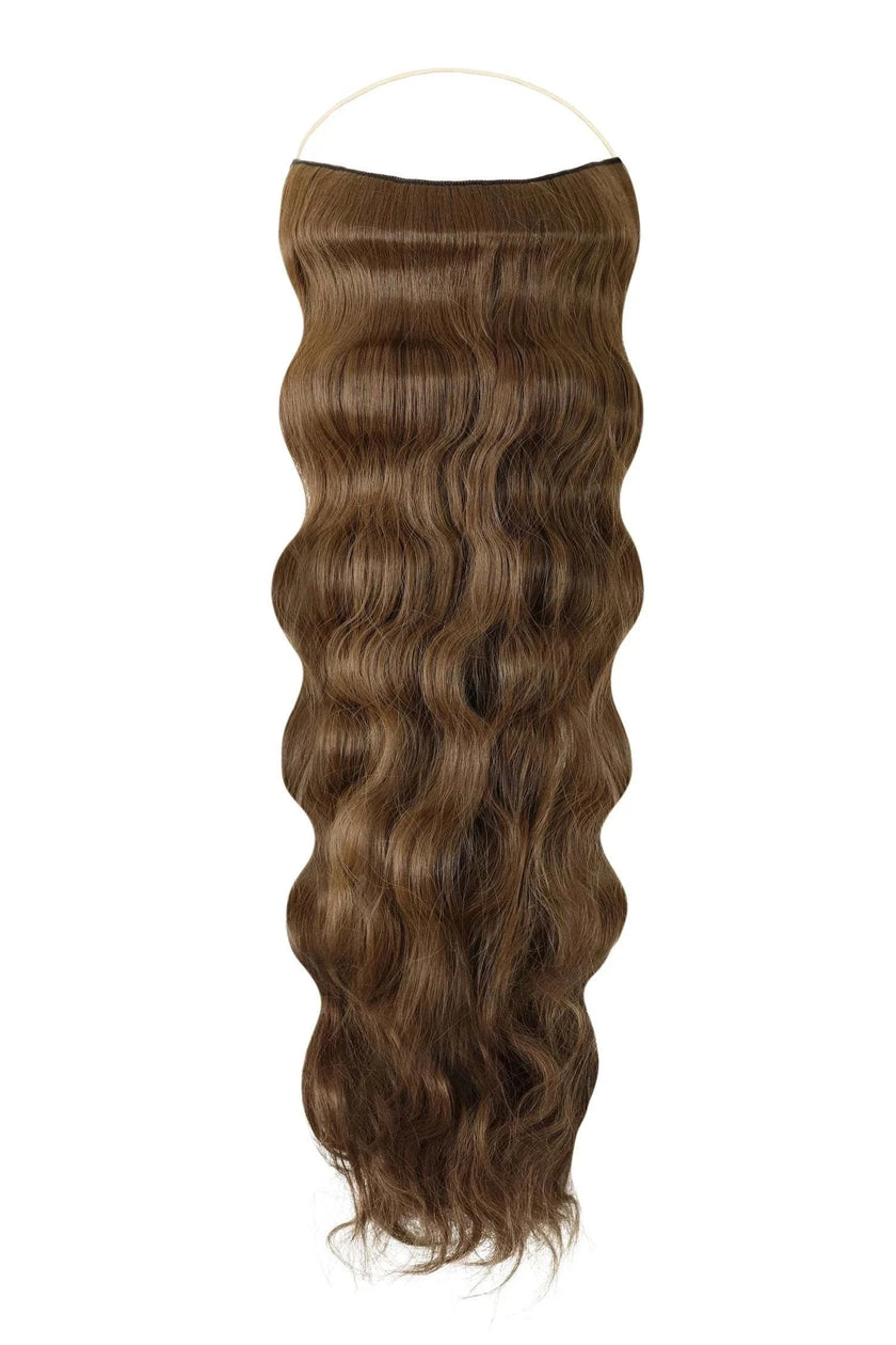 Wavy Syn Halo Hair Extensions made from premium Kanekalon, lightweight, natural look, easy 30-second installation with hidden wire and removable clips in multiple colors.