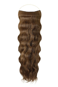 Wavy Syn Halo Hair Extensions made from premium Kanekalon, lightweight, natural look, easy 30-second installation with hidden wire and removable clips in multiple colors.
