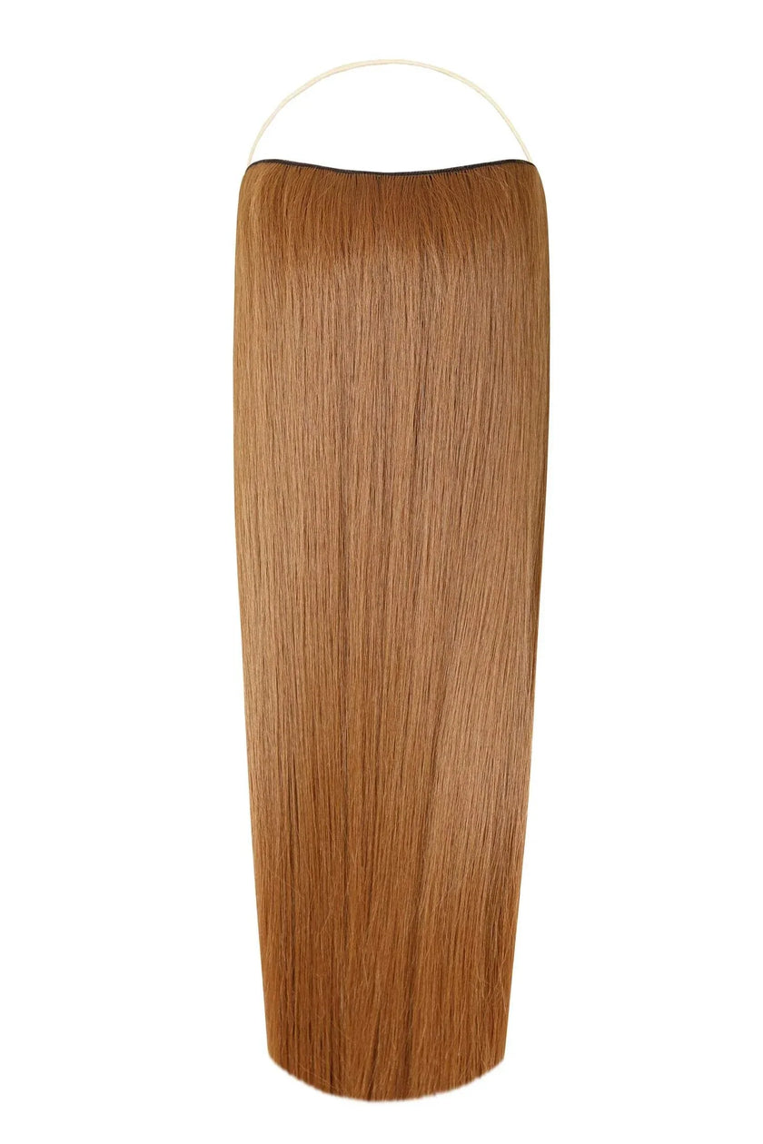 Straight Syn Halo Hair Extensions made from premium Kanekalon synthetic fibers for a natural look and lightweight comfort.