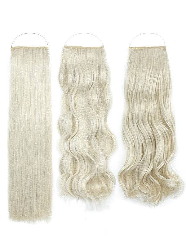 Syn Halo Hair Extensions Trio pack showing straight, wavy, and curly styles with lightweight, heat-friendly Kanekalon fiber
