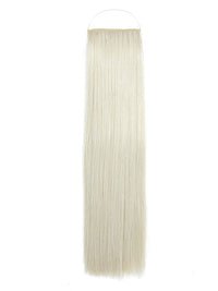 Woman with long, straight Syn Halo hair extensions showcasing natural, lightweight synthetic hair quality