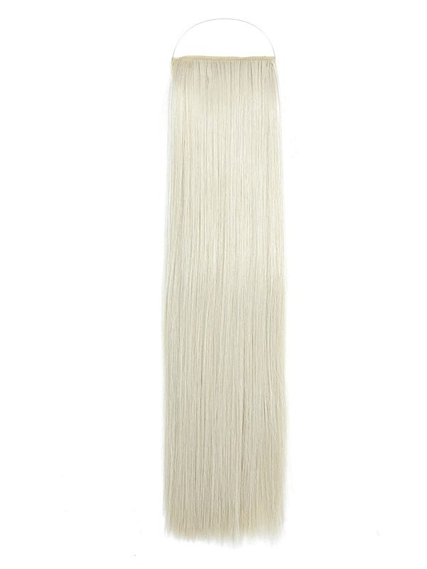 Woman with long, straight Syn Halo hair extensions showcasing natural, lightweight synthetic hair quality