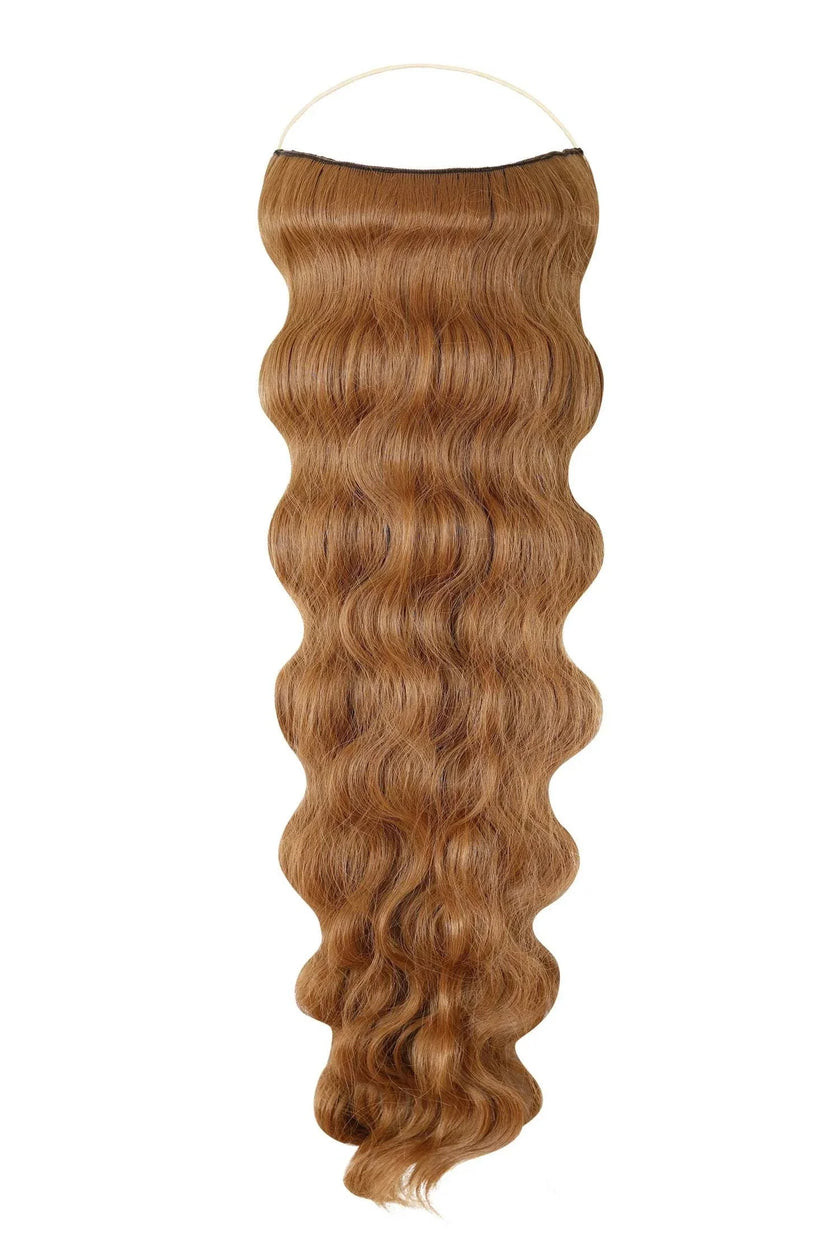 Wavy Syn Halo Hair Extensions made from premium Kanekalon, natural look and feel, lightweight and durable, easy 30-second installation with hidden wire, heat-friendly and available in 36 colors.