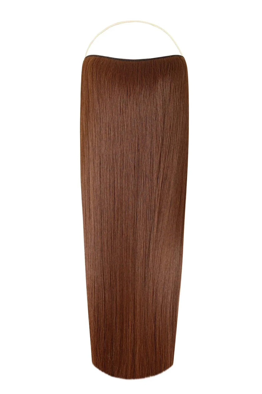 Straight Syn Halo Hair Extensions showcasing natural straight synthetic hair with hidden wire and removable clips for easy, lightweight styling