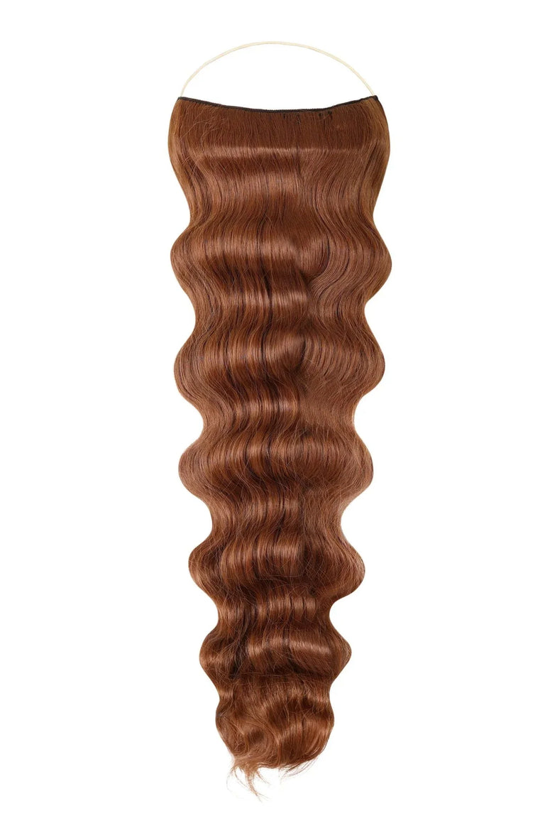Wavy Syn Halo Hair Extensions made from premium Kanekalon synthetic fiber showcasing natural, lightweight, and durable halo hair extension on model