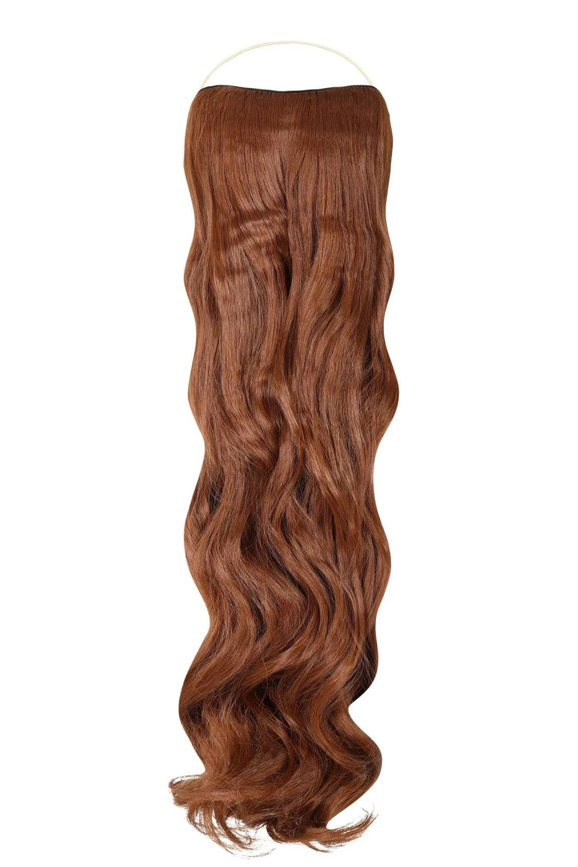 Curly Syn Halo hair extensions made of premium Kanekalon synthetic fiber for natural, voluminous look and easy 30-second installation