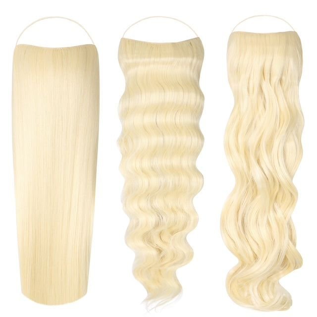 Syn Halo Hair Extensions Trio pack showcasing sleek straight, beach wave, and bouncy curl styles with invisible wire and clips for easy styling