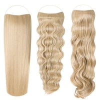 Syn Halo Hair Extensions Trio pack with sleek straight, beach wave, and bouncy curl styles made from premium Kanekalon