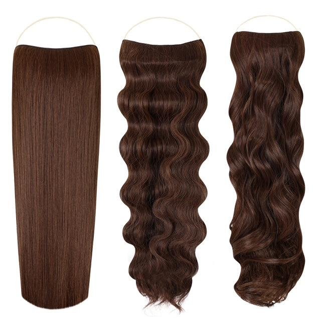 Syn Halo Hair Extensions trio pack showing straight, wavy, and curly styles with invisible wire halos