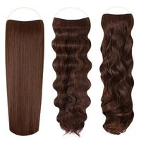 Syn Halo Hair Extensions trio pack showing straight, wavy, and curly styles with invisible wire halos
