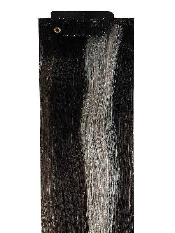 Premium head clip-in salt and pepper hair extensions with 28 clips and 16 pieces