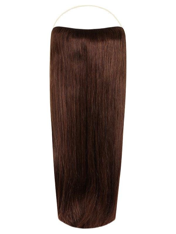 Halo Hair Extensions in Cocoa Brown #3 with adjustable wire, no clips or glue, shown in various lengths