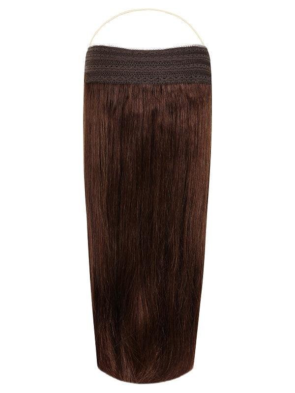 Halo Hair Extensions Cocoa Brown #3 with adjustable clear wire and no clips or glue for natural looking finish