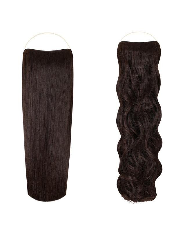 Syn Halo Hair Extensions Duo pack showing sleek straight and bouncy curly halo styles with premium Kanekalon fibers