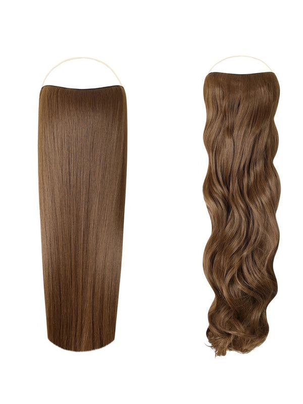 Syn Halo Hair Extensions Duo pack showing sleek straight and bouncy curly premium Kanekalon halos with removable clips