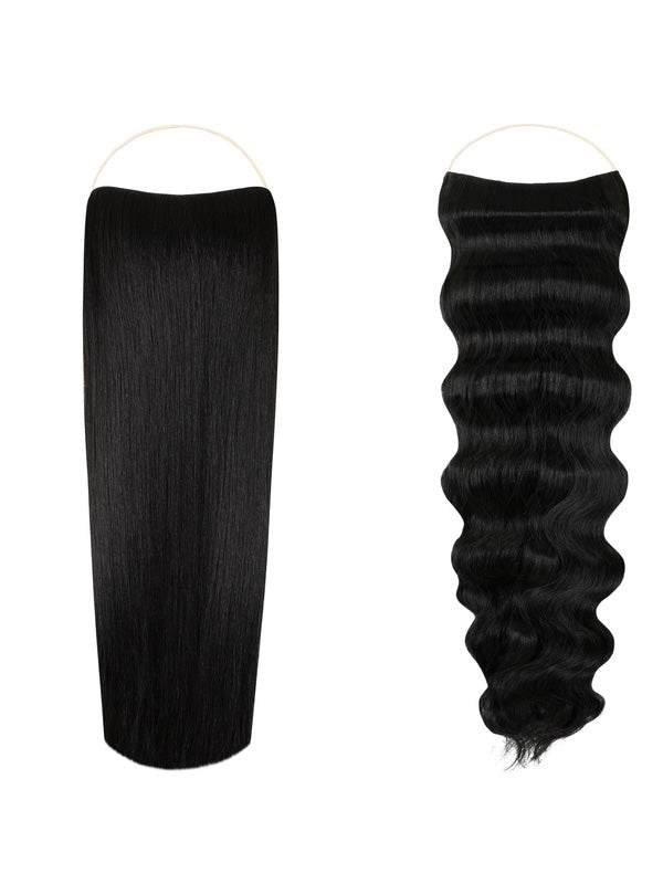 Syn Halo Hair Extensions duo pack with sleek straight and beach wave styles in premium Kanekalon fibers