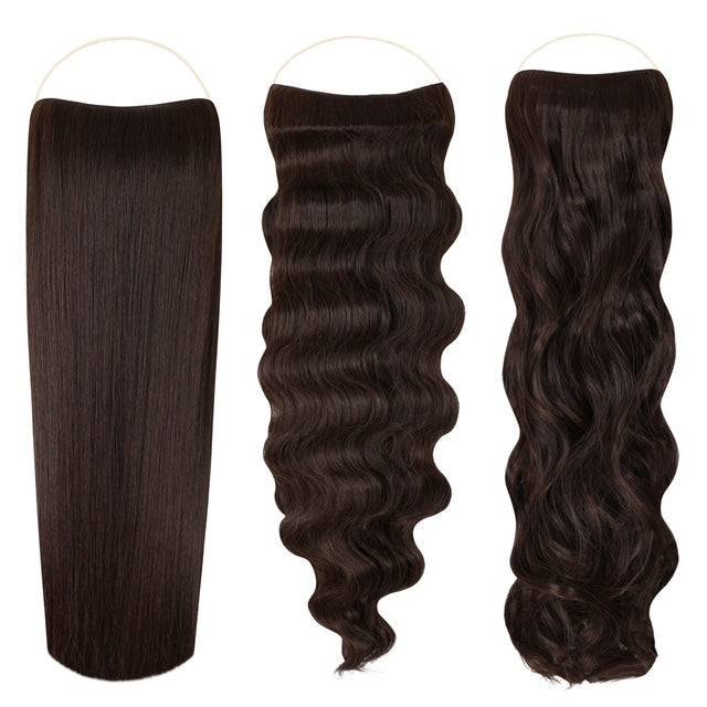 Syn Halo Hair Extensions trio pack with straight, wavy, and curly styles displayed on model heads