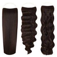 Syn Halo Hair Extensions trio pack with straight, wavy, and curly styles displayed on model heads