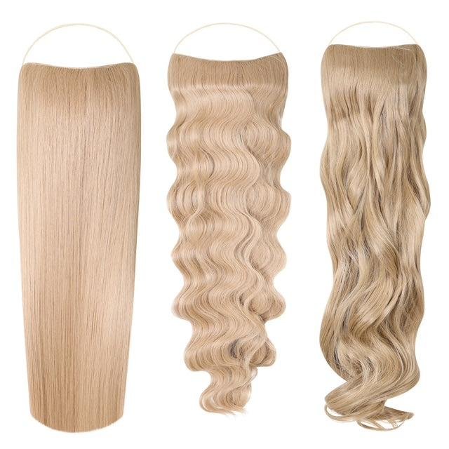 Syn Halo Hair Extensions trio pack showing straight, wavy, and curly styles on mannequin heads