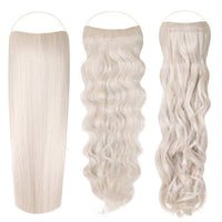 Syn Halo Hair Extensions Trio pack displaying sleek straight, beach wave, and bouncy curly styles on Kanekalon hair strands