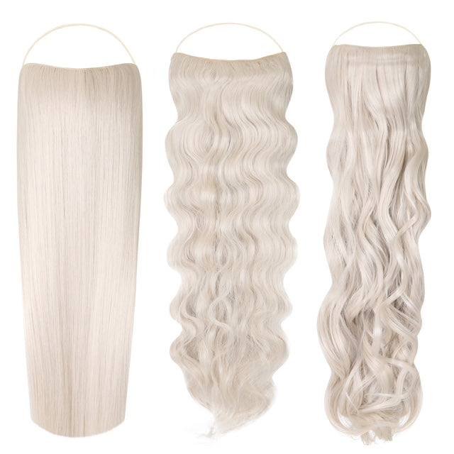 Syn Halo Hair Extensions Trio pack displaying sleek straight, beach wave, and bouncy curly styles on Kanekalon hair strands