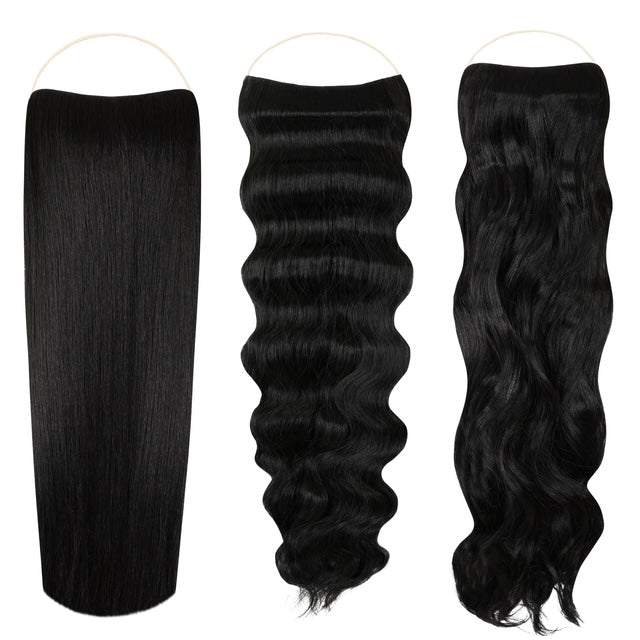 Syn Halo Hair Extensions Trio pack with sleek straight, beach wave, and bouncy curl styles in premium Kanekalon fibers