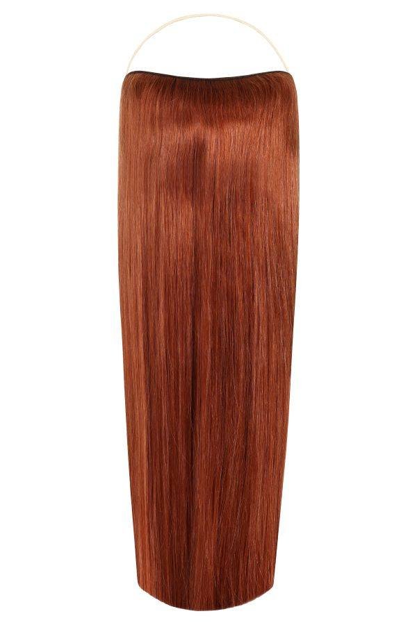Halo Maple Copper hair extensions with adjustable clear wire, no clips, smooth natural finish