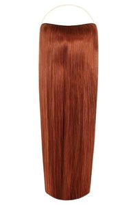 Halo Maple Copper hair extensions with adjustable clear wire, no clips, smooth natural finish