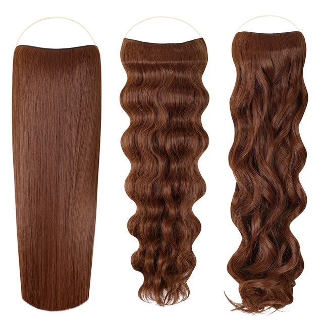 Syn Halo Hair Extensions Trio pack showing straight, wavy, and curly styles made from Kanekalon fibers