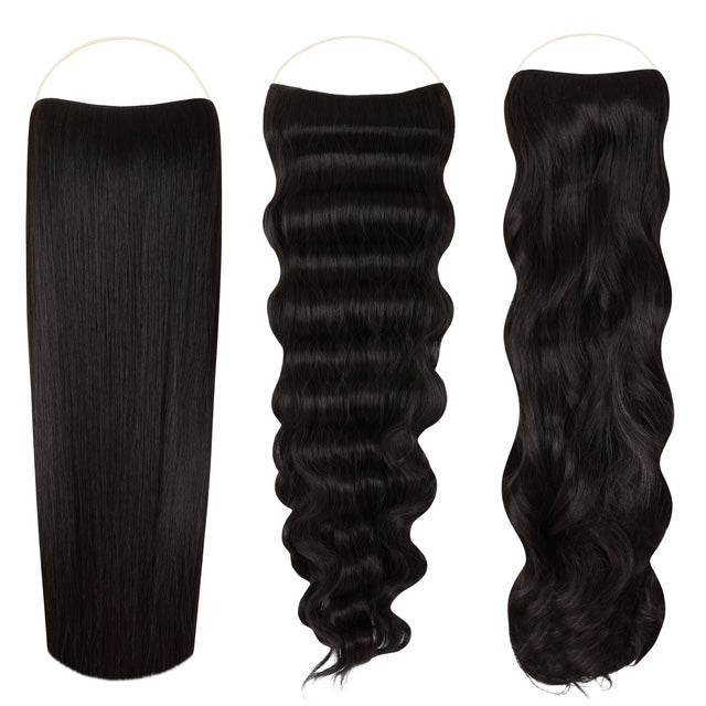 Syn Halo Hair Extensions Trio pack with straight, wavy, and curly Kanekalon styles displayed on mannequin heads