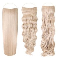 Syn Halo Hair Extensions Trio set with straight, wavy, and curly styles in premium Kanekalon fibers
