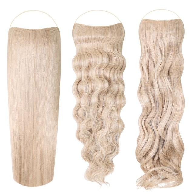 Syn Halo Hair Extensions Trio set with straight, wavy, and curly styles in premium Kanekalon fibers