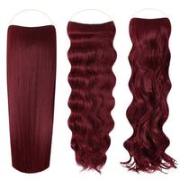 Syn Halo Hair Extensions Trio pack with straight, wavy, and curly halos made from premium Kanekalon fibers.